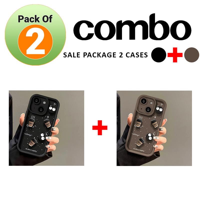 Image of Back Case Cover Compatible for iPhone 13 | Pack of 2 Combo Black & Brown Case | Cute Fun Cartoon 3D Ball Coffee Silicone Case | Body Protection | Camera Protection | Shock Proof