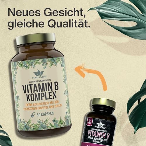 naturalie® - Vitamin B Komplex Kapseln | hochdosiert mit allen bioaktiven B-Vitaminen + Cofaktoren (Cholin, Inositol) | schadstoffgeprüft | ohne unnötige Zusatzstoffe | 60 Kapseln im Braunglas