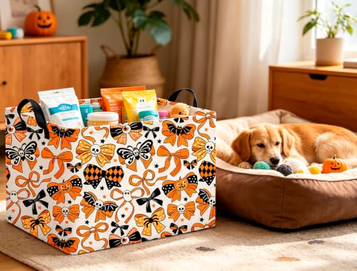 Image of CLOCOR Rectangular Storage Basket,Collapsible Cute Pattern Storage Bin,Waterproof Books Box with Handles,Gift Basket(Halloween Bowknot)