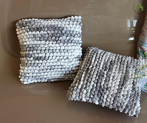 Image of Monstera Hut Boho POM POM Ash Gray Cushion Cover Pack of 1, (Cushion Cover 16x16inch) (40.6 x 40.6 cm)