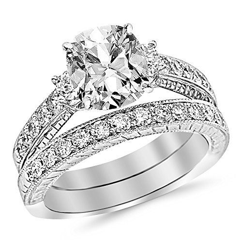 14K White Gold 3 to 7 Carat LAB GROWN DIAMOND Three Stone Vintage With Milgrain & Filigree Bridal Set with Wedding Band & Cushion Cut Diamond Engagement Ring (D-E Color VS1-VS2 Clarity 2 Ct Center)