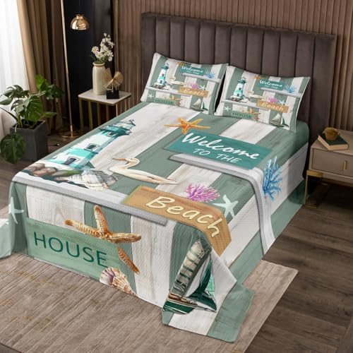 Erosebridal Lighthouse King Quilt,Sailboat Sailing Boat Bedding Set for Kids Girls Boys,Ocean Seashell Quilts Bed Set,Coastal Beach Coverlet Bedroom Decor with 2 Pillowshams