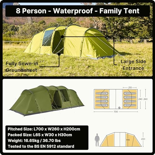 Eurohike Sendero 8XL 8 Man Tent with Large & Spacious Living Area & 2 Separate Bedrooms, 8 Person, Waterproof, Easy to Pitch, Tunnel Design, Ideal for Family Camping Trips & Festivals, 2000mm HH - Image 4