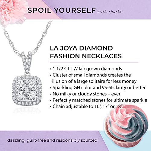 La Joya 1 1/2 Ct Tw Lab Grown Cluster Diamond Necklace For Women | Cushion Shaped Real 10K White Gold Diamond Pendant Necklace | Accompanied By An Adjustable Gold Chain #TOP3