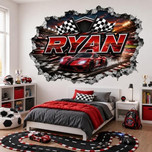 Personalized Race Car Wall Decal for Boys Room - Custom Name 3D Broken Wall Racing Wall Sticker, Sports Car Bedroom Decor, Checkered Flag Nursery Playroom Vinyl Mural Kids Gift VS39 - 2