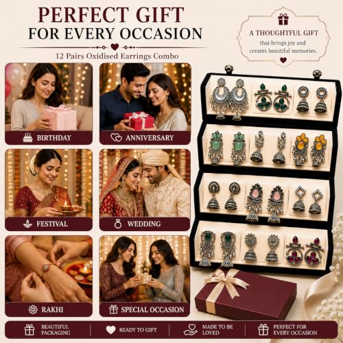 Image of Oxidised Silver Plated Earrings Combo Set With Box for Women & Girls | 12 Pair Traditional Jhumka Chandbali Stone Studded Boho Ethnic Earrings Collection | Daily Wear Party Wedding Jewellery