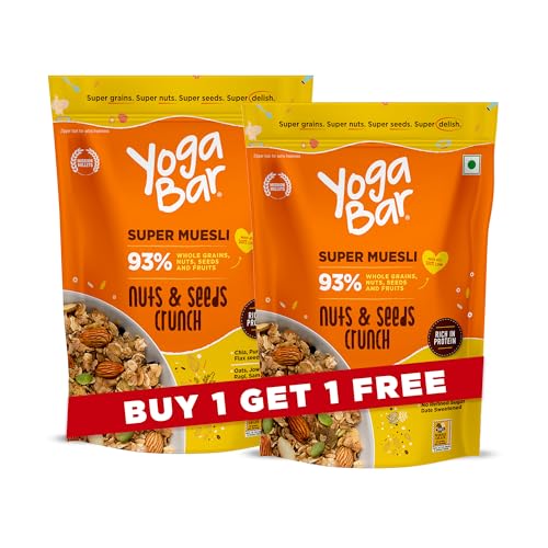 Image of Yogabar Muesli Nuts + Seeds Crunch 700g with Flax and Chia Seeds, Muesli Nuts Delight Whole Grain, High Protein, High Fibre, No Refined Sugar, Contains Antioxidants, 700g Pack of 2