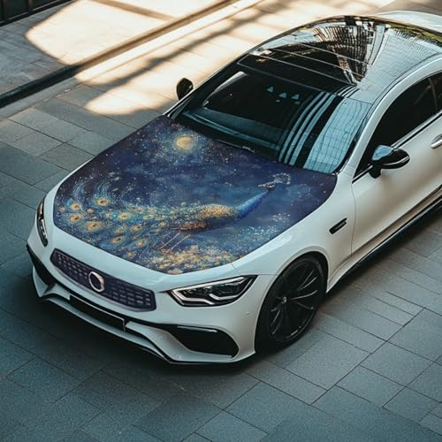 Image of Car Hood Cover, Easy Installation Auto Engine Cover Stretchable Car Hood Protector, Peacock Prints Waterproof Sunproof Automotive Exterior Accessories