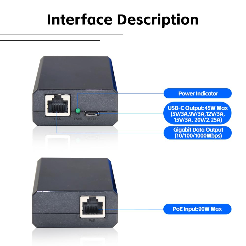 60W Gigabit PoE++ Splitter IEEE802.3bt to USB-C Power Adapter Output 5V/9V/12V/15V/20V for Raspberry Pi 4,Eero,Laptop,Google Mesh,Phone,Tablets,Google Pixel