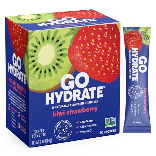 Image of GoHydrate Instant Hydration Powder Packets - Low Sodium Electrolytes Drink Mix - Natural Hydration Support, Sugar Free Electrolyte Flavored Powder Drink with Vitamin D, 30 Packs, Kiwi Strawberry