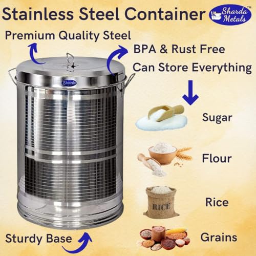 Image of Sharda Metals 12 Inches Large Heavy Stainless Steel Container 10kg Storage Dabba Drum | Kitchen Rice Flour Atta Big Containers Dabba | Kitchen Storage & Containers - Set of 2