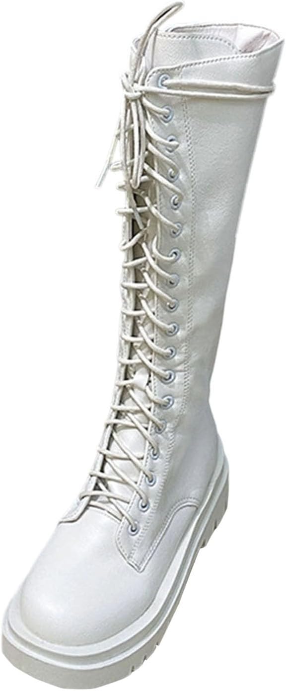 Fashion Lace up Knee High Boots for Women:Winter Warm Combat Booties Round Toe Chunky Platform Footwear Hiking Party Dressy Shoes
