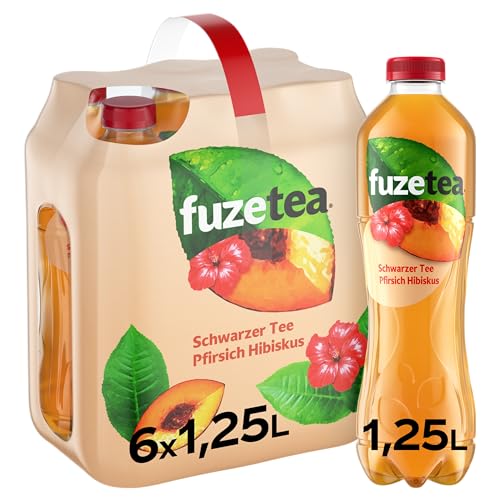 Fuze Tea Schwarzer Tee Pfirsich Hibiskus - Fusion aus Tee Saft und Kräutern mit Kombination aus Pfirsich und Hibiskus - kalorienarmer Eistee aus nachhaltigem Anbau - Einweg Flaschen (6 x 1250 ml)