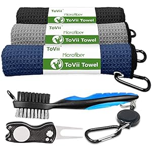 ToVii Golf Towel Microfiber Waffle Pattern Golf Towel | Brush Tool Kit with Club Groove Cleaner | Golf Divot Tool | Golf Accessories for Men