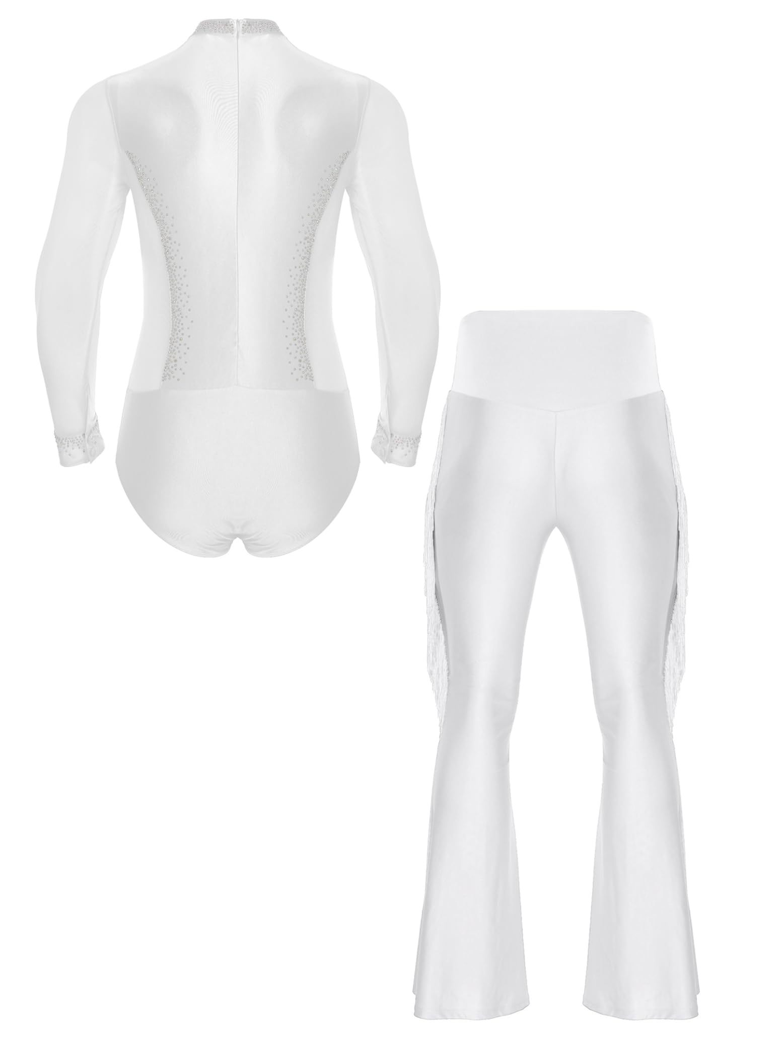 Traje de Patinaje Artístico para Hombres con Maillot de Danza y Pantalones Campana con Flecos Traje Baile de Salón Latín Jazz Tango Salsa Rumba Cha-Cha