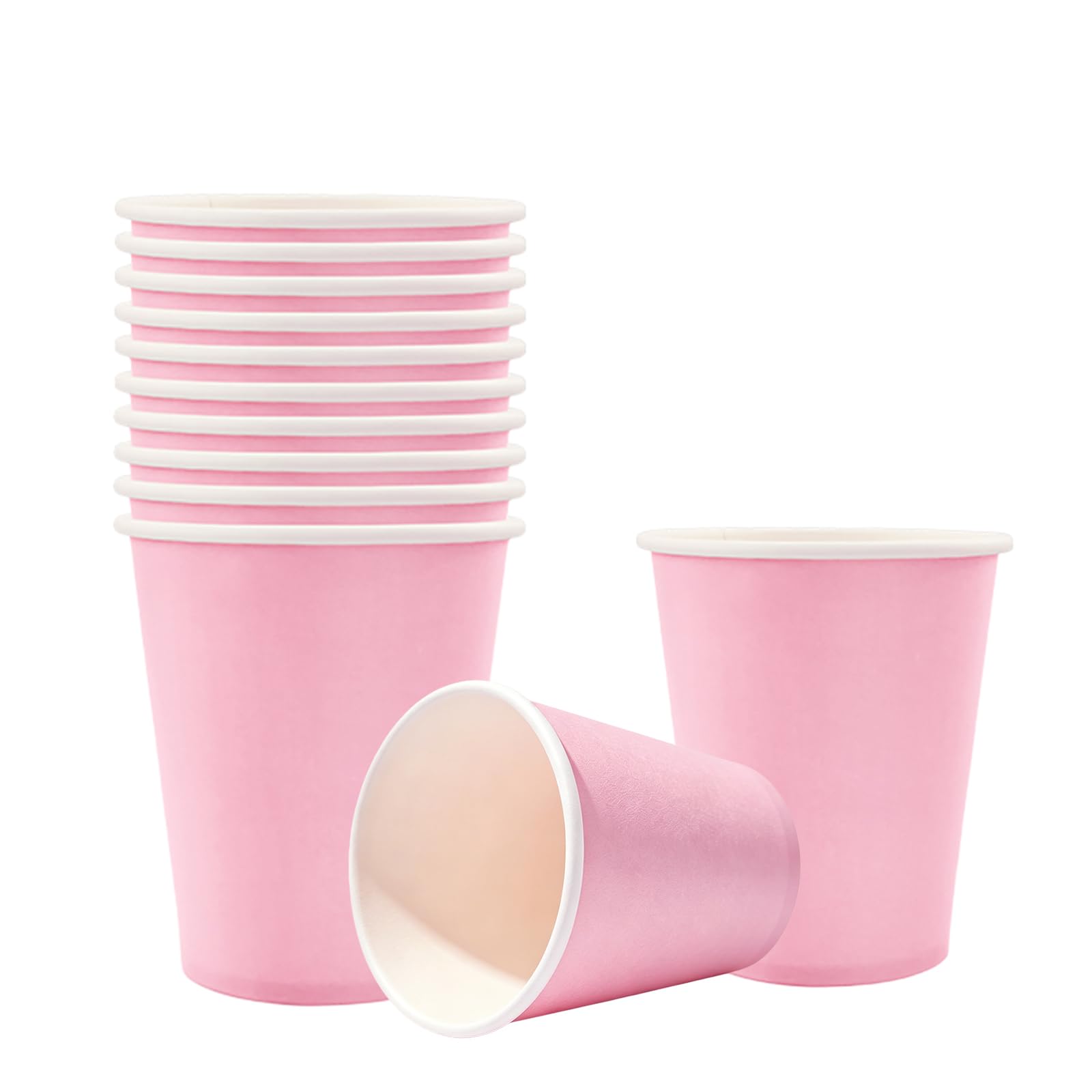 32P Pink Paper Cups Solid Color,9oz Disposable Tableware Party Cups Pink