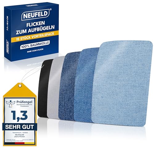 NEUFELD® Bügelflicken [15 Stück] - 5 Farben - Zum Aufbügeln Innen und Außen - Hochwertige Jeans Flicken