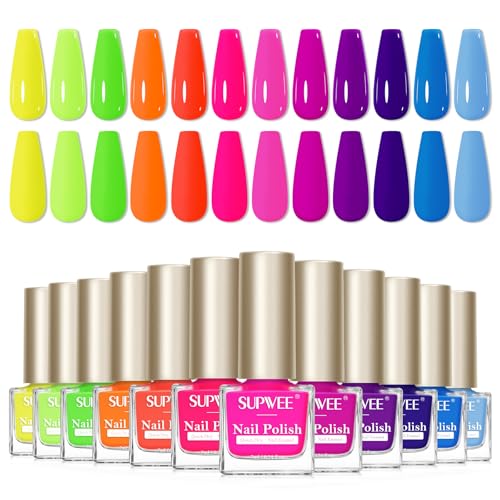 SUPWEE Neon Nail Polish Set 12 Colour Pink Purple Blue Yellow Green Nail Polish Set Oil Based Quick Dry Fingernail Nail Varnish Manicure Art Salon Home Pastel Reverie Gift for Women