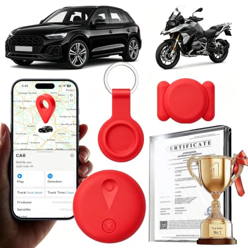 Localizador GPS para Coche,GPS Coche Localizador sin suscripción mensual,Localizador con iOS/Android,Funda Protectora con Llavero y Silicona Magnética Tracker para Vehículos/Moto/Llaves/Maleta(Rojo)