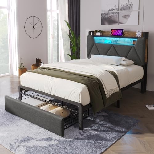 Merax Single bed frame, Single Storage Bed with Storage Headboard and Drawer, LED Lighting, USB Type-C Charging Function, Metal Slatted Frame, for adults&teenagers(No Mattress), Grey/90CM*190CM