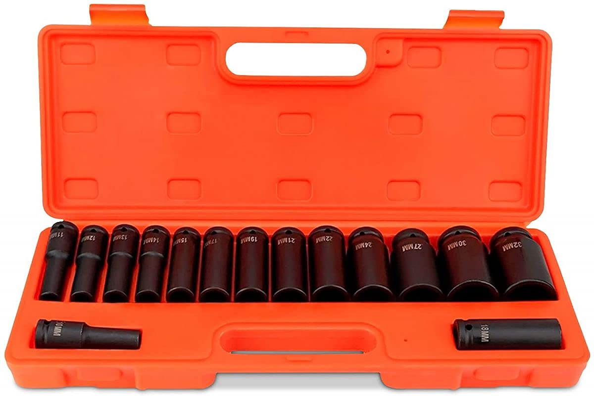 Serie 15 Bussole Rinforzate Lunghe ad Impatto con Attacco Quadrato da 1/2" Misure Metriche da 10 a 32 mm