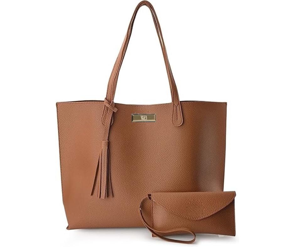Bolsa Tote Feminina Grande com Carteira, Couro Sintético Borgonha, Alça de Ombro com Tassel (CARAMELO)