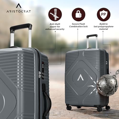Image of Aristocrat Crystal Check-in Trolley Bag 66cm | Medium Hard Luggage | 8-Wheel Suitcase for Travel | Combination Lock with Anti-Theft Zipper | Polypropylene | 3 Years International Warranty (Grey)