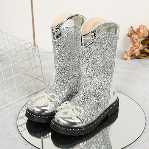 Girls Fashion Glitter Riding Boots Chunky Heel Sequin Mid Calf Boots With Bow Comfortable Non Slip Winter Shoes2