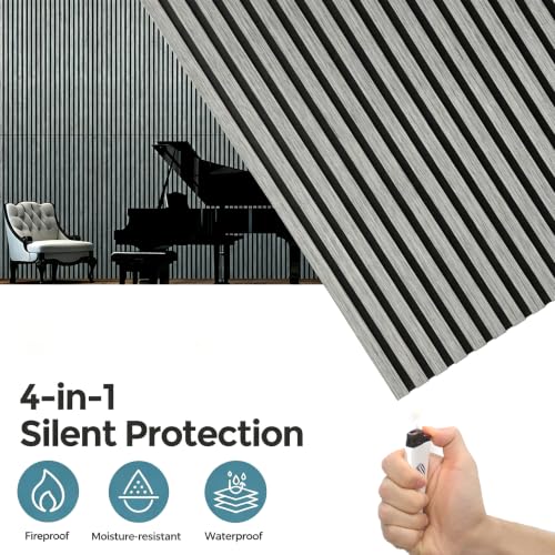 Image of AKUMAX Extra-Thick 0.7 inch Wood Slat Acoustic Wall Panels, 2 Pack 47.2 inch x 23.6 inch, 15.5 ft, NRC 0.80 Sound Absorbing 3D Slat Wall Paneling with Real Wood Veneer, E0 MDF and PET Felt, Gray Oak