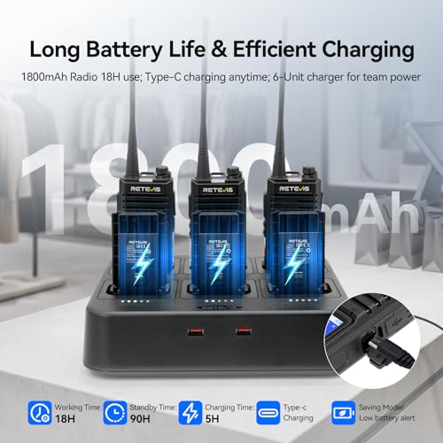 Image of Retevis RB58 Bluetooth Walkie Talkies with Earpieces, 6-Port Charger | Bluetooth Calls & APP Control, Group Call, NOAA, 1800mAh, Water Resistant, Rugged, LMR, for Security Retail Business