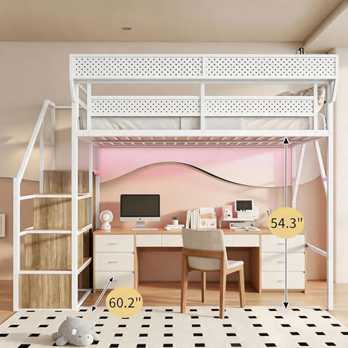 Image of Queen Size Metal Loft Bed with Reversible Stairs and LED & USB Port | Storage Shelf, Reversible Storage Stairs with Wardrobe, LED Lights,USB Charging Port,Noise-Free Design, Large Under Bed