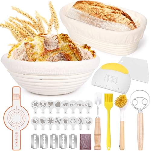 MKAKYES Cesta de Fermentación para Pan, Banetones para Pan, 23cm Ovalada + 25cm Redondo, 10 Piezas Kit Completo de Panadero, con Batidor de Masa, Raspador de Masa y Cepillo, Accesorios para Hornear