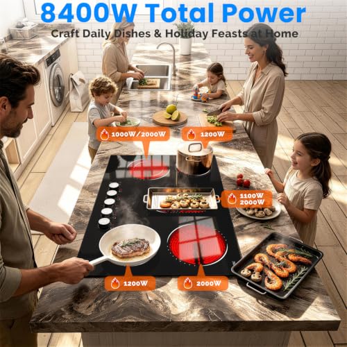 Image of Hobsir 30 Inch Electric Cooktop, 5 Burner 8400W Built-in Stovetop 240V | (29.13 inch x 20.47 inch) Knob & Touch Control, 9 Power Levels, 99-Min Timer, Safety Lock, Tempered Glass, All Cookware Compatible
