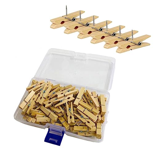 ピン付き 木製クリップ 画鋲 60個セット 押しピン 写真クリップ オフィス 学習 固定用 収納ケース付き 地図 写真 コルクボート