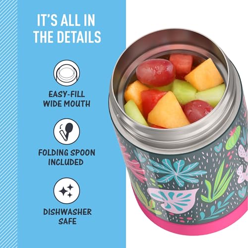 Image of THERMOS FUNTAINER Insulated Food Jar - 16 Ounce, Tropical Foliage - Kid Friendly Food Jar with Foldable Spoon