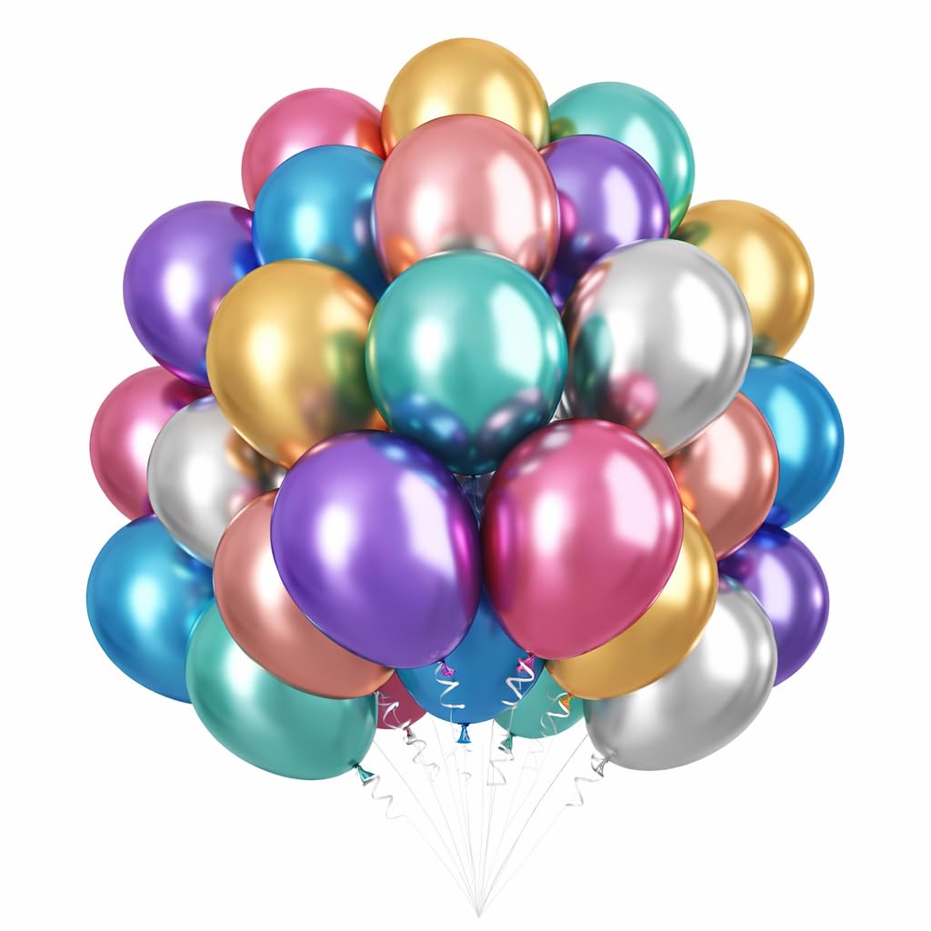 Omrel Metallic Balloons, 50pcs Metallic Rainbow Balloons Birthday Balloons with Pink Blue Gold Green Helium Balloon, Multicoloured Chrome Ballon for Iridescent Party Wedding Engagement Decorations