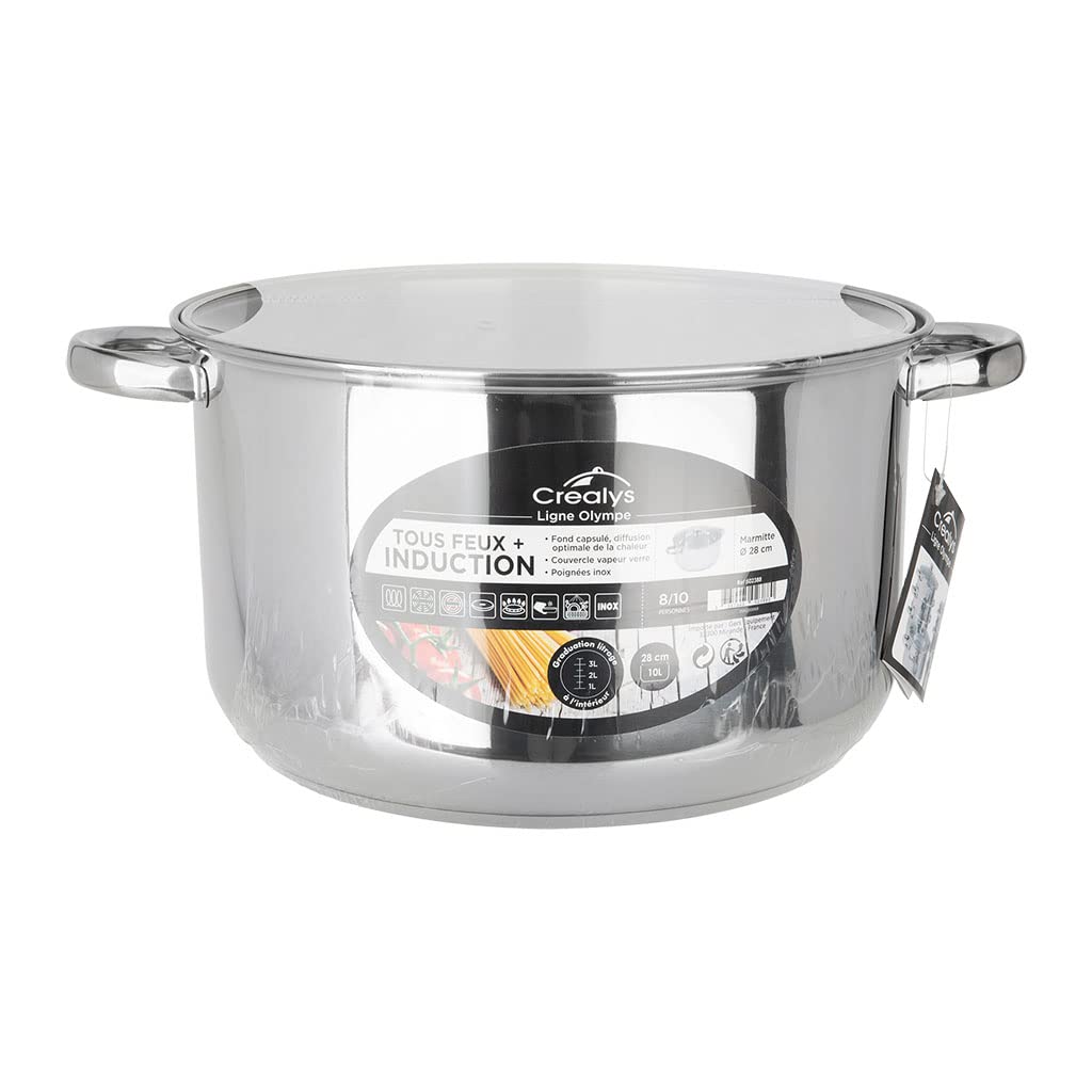Crealys 502388 Marmite en Inox 10 L Couvercle Verre Diamètre: 28 cm, Argenté