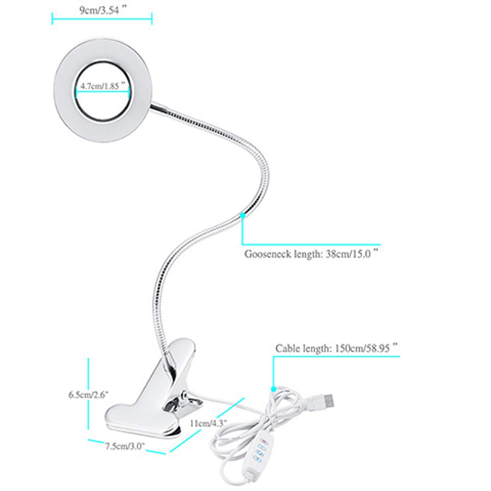 Lampe bureau LED à clip USB, lampe lecture réglable à 3 modes, lampe à pince avec interrupteur à lumière naturelle 6 W, col cygne flexible à 360 degrés pour étude, lecture, travail, tatouage, cheve