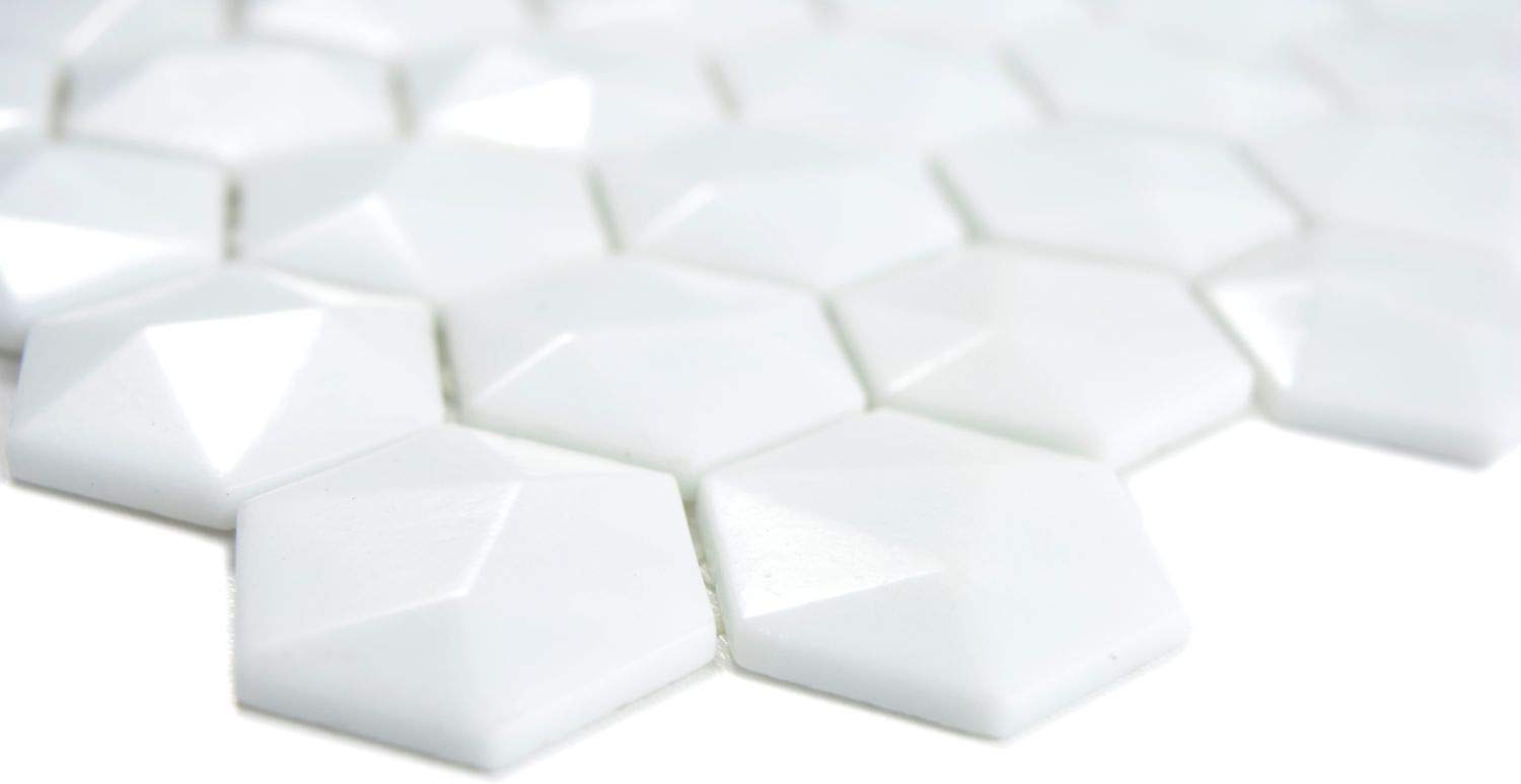 3D bianca Ecoglas esagono Tessere di mosaico 10 fogli