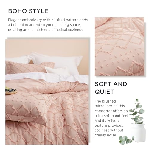 Image of Bedsure Queen Comforter Set - Coral Pink Comforter, Boho Tufted Distressed Vintage Bedding for Kids, 3 Pieces Farmhouse-Style Bed Set for All Seasons, Fluffy Soft Bedding with 2 Pillow Shams