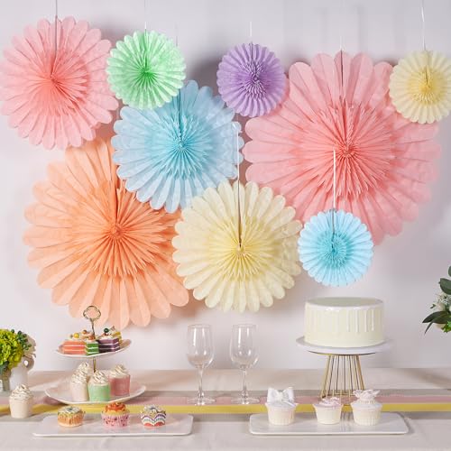 Image of 9PCS Huge Pastel Hanging Paper Fans Decoration Macaron Birthday Party Decorations Rainbow Ice Cream Easter Paper Hanging Decor for Bridal Baby Shower Classroom Home Decor