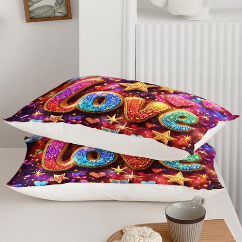 Image of QOOMO Colorful Love Kids Bedding Set,Cartoon Stars Print Comforter Set Queen Size for Boys Girls Room Decoration,Soft Lightweight Bed Set All Season,1 Comforter Set 2 Pillowcases