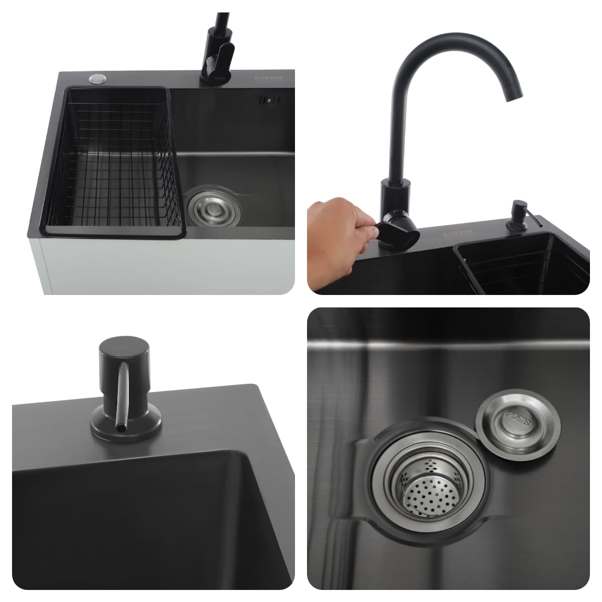 Spüle mit Unterschrank 68x45cm, Einbauspübe Küchen Waschbecken mit 360° Wasserhahn & Seifenspender, Freistehende Schrank Spüle für Küche, Waschküche, Schwarz mit Weißem Korpus (1 Becken)