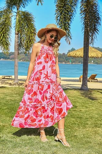 Image of GRACE KARIN 2026 Women's Floral Halter Maxi Dress Boho Summer Beach Sundress with Tiered Ruffle Skirt