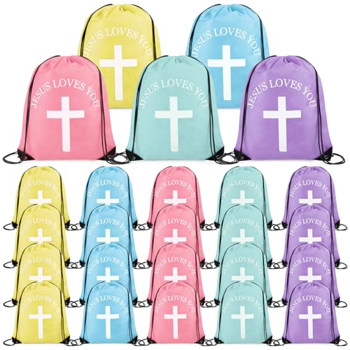 SilTriangle Mochila de poliéster Jesus Loves You com cordão, presente religioso cristão, igreja, presente cristão, cor pastel, 20 peças), cor pastel., about 13.4 x 16.5 inches/ 34 x 42 cm
