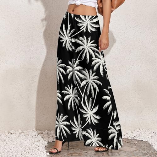 Womens Wide Leg Pants White Palm Trees Casual High Waist Long Palazzo Pants Lounge Beach Trousers3