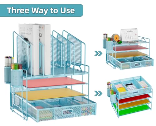 Image of Marbrasse Desk Organizers, 4-Tier Mesh Desk File Organizer with 5 Vertical File Holders and 2 Pen Holders, Multifunction Desktop Organizer,Desk Organizers and Accessories for Home Office (Blue)