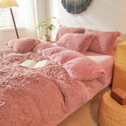 Shaggy Fluffy Old Pink Comforter Cover Queen Set – Faux Fur Shaggy Old Pink Bedding 3-Piece Set (1 Duvet Cover + 2 Furry Pillow Shams) Cozy Bed Set