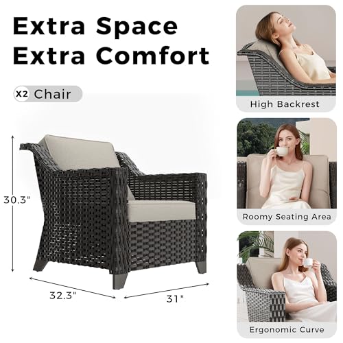 Image of Patio 2 Pieces Wicker Chairs Set of 2,Outdoor PE Rattan Armchairs, Water-Resistant Cushions with Removable and Washable Covers, Porch, Balcony, Sunroom (Beige) | Patio Chair Set with Olefin Removable Cushion, All-Weather Armchairs with Deep Seat for Porch, Deck and Backyard, Beige