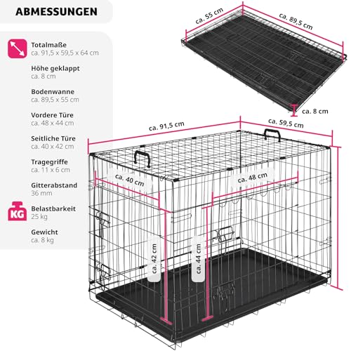tectake® Hundekäfig, Hundegitter Box, Dog Kennel, Hundebox faltbar, Transportbox stabil, für Hunde und Welpen, für Kofferraum, Auto, Camping und Zuhause, Wohnung - 91,5 x 59,5 x 64 cm